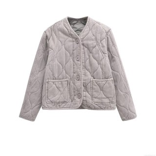 Women's Casual Quilted Jacket Washed Cotton Polyester Blend Wave Quilted Padded Coat Long Sleeve Button Down Outerwear With Pockets For Winter Autumn Ladies