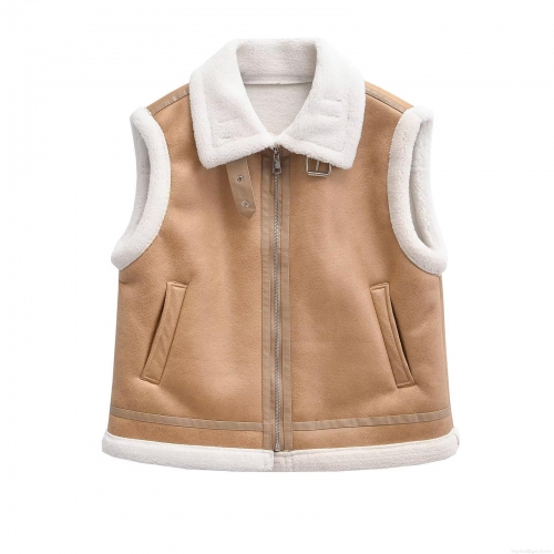 Women's Retro Moto Faux Shearling Vest Sleeveless Faux Leather Suede Biker Jacket Warm Oversized Fleece Lined Waistcoat With Metal Zipper