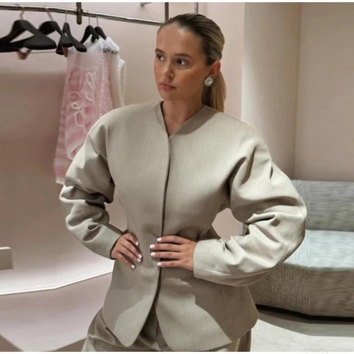 Women's Collarless Solid Color Woven Polyester Blazer Jacket With Double Pockets Loose Fit Long Sleeve Fashion Office Outerwear Casual Versatile Top