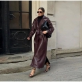 Women's Wine Red Long PU Leather Trench Coat With Waist Belt Elegant Faux Leather Overcoat Autumn Winter Street Style Double Breasted Chic Ladies Outwear