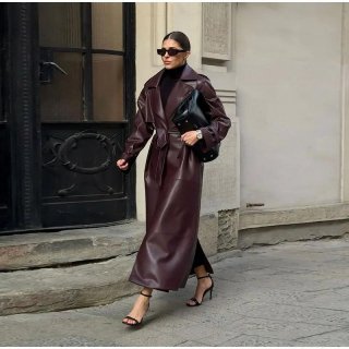 Women's Wine Red Long PU Leather Trench Coat With Waist Belt Elegant Faux Leather Overcoat Autumn Winter Street Style Double Breasted Chic Ladies Outwear