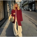 Women's Elegant Wine Red Woolen Coat With Matching Scarf Single Breasted Mid Length Thickened Polyester Jacket For Autumn Winter Commute Party