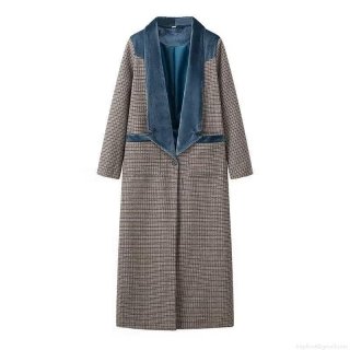 Women's Elegant Houndstooth Plaid Long Woolen Coat With Teal Blue Velvet Patchwork Lapel Single Breasted Warm Retro Socialite Style Long Sleeve Outerwear Jacket