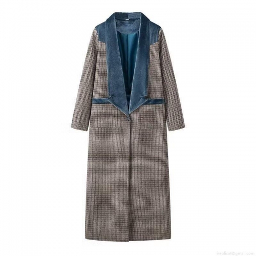 Women's Elegant Houndstooth Plaid Long Woolen Coat With Teal Blue Velvet Patchwork Lapel Single Breasted Warm Retro Socialite Style Long Sleeve Outerwear Jacket