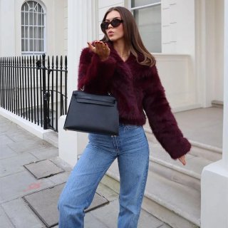 Women Faux Fur Coat Elegant Wine Red Lapel Short Jacket Long Sleeve Thick Warm Winter Outerwear Streetwear For Ladies Party