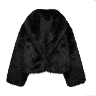 Women's Luxury Faux Fur Short Jacket Loose Fit Casual Warm Winter Coat Long Sleeve Solid Black Streetwear Fashion Outerwear For Ladies