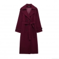 Women's Elegant Wine Red Woolen Style Coat Double Breasted Long Sleeve Overcoat With Waist Belt Commute Fashion Minimalist Winter Outwear