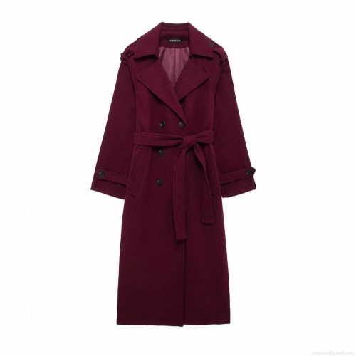 Women's Elegant Wine Red Woolen Style Coat Double Breasted Long Sleeve Overcoat With Waist Belt Commute Fashion Minimalist Winter Outwear
