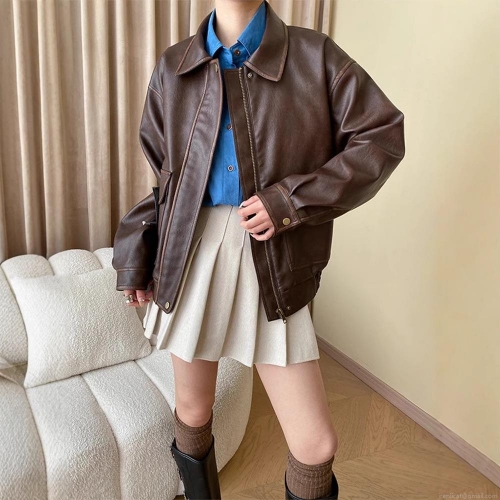 Women's Vintage Faux Leather Jacket Oversized PU Bomber Coat With Turn-down Collar And Flap Pockets Dark Brown Retro Outerwear For Ladies Fashion