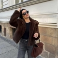 Women High Street Dark Brown Faux Fur Jacket Lapel Long Sleeve Short Coat Warm Thick Winter Autumn Outerwear Fashion Elegant Clothing