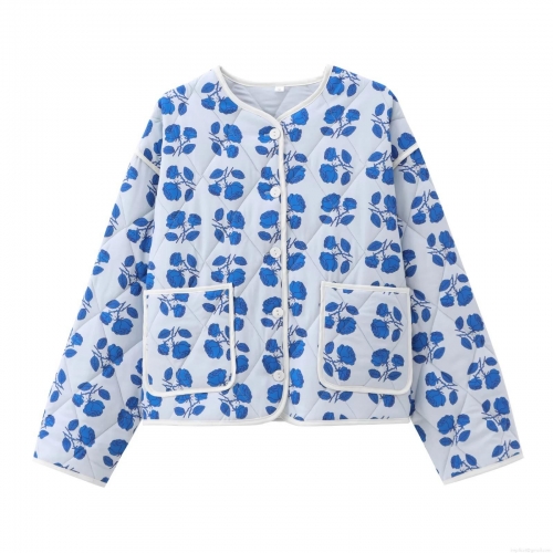 Vintage Blue Floral Quilted Jacket Women Rose Print Long Sleeve Cotton Blend Coat Single Breasted Warm Casual Outerwear With Pockets