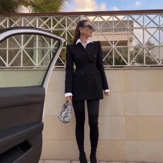 Women's Elegant Double Breasted Blazer Jacket Slim Fit Notched Lapel Long Sleeve Solid Color Office Lady Commuter Formal Outerwear Coat With Shoulder Pads