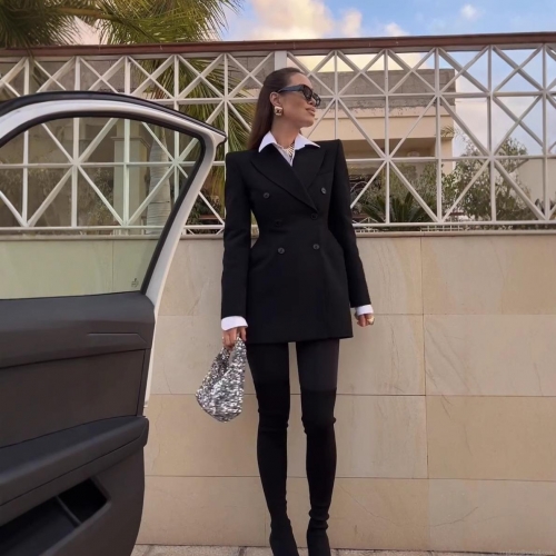 Women's Elegant Double Breasted Blazer Jacket Slim Fit Notched Lapel Long Sleeve Solid Color Office Lady Commuter Formal Outerwear Coat With Shoulder Pads