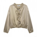 Women's Fashion Satin Jacket Elegant Ruffled Stand Collar Glossy Polyester Zipper Coat Casual Long Sleeve Champagne Gold Khaki Outerwear With Elastic Hem Cuffs For Party Daily