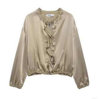 Women's Fashion Satin Jacket Elegant Ruffled Stand Collar Glossy Polyester Zipper Coat Casual Long Sleeve Champagne Gold Khaki Outerwear With Elastic Hem Cuffs For Party Daily
