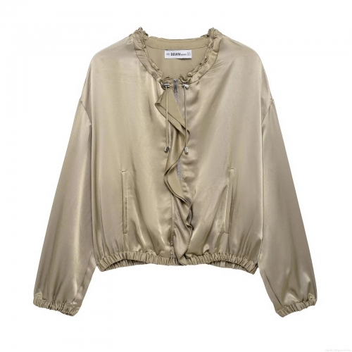 Women's Fashion Satin Jacket Elegant Ruffled Stand Collar Glossy Polyester Zipper Coat Casual Long Sleeve Champagne Gold Khaki Outerwear With Elastic Hem Cuffs For Party Daily