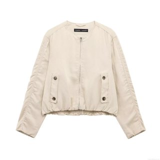 Women's Linen Blend Short Bomber Jacket Casual Lightweight Zipper Up Outerwear Solid Color Lapel Long Sleeve Coat With Pockets For Women