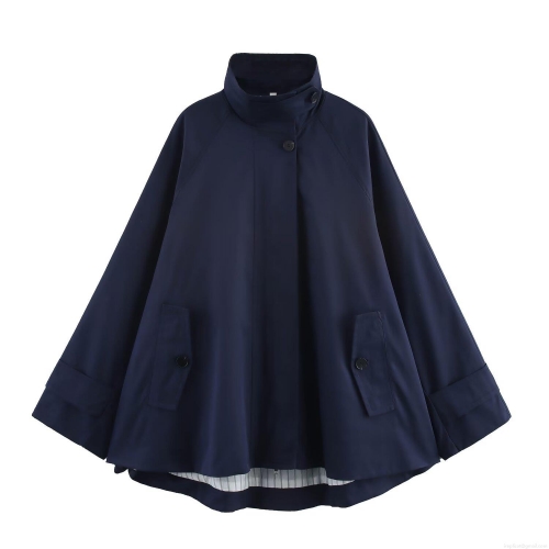 Women's Elegant Navy Blue Cape Coat Stand Collar Asymmetric Button Cloak Jacket With Striped Lining Socialite Style Spring Fall Outerwear