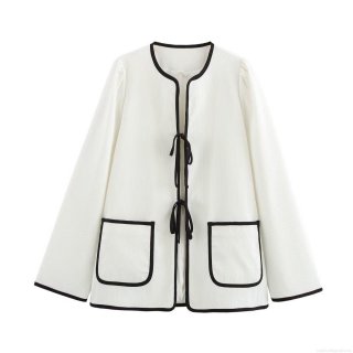 Women Fashion Contrast Trim Ribbed Cardigan Jacket Elegant Round Neck Tie-up Long Sleeve Outerwear With Pockets Solid White Black Trim Top For Casual Party Dating Lady