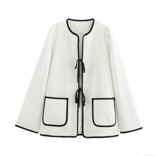 Women Fashion Contrast Trim Ribbed Cardigan Jacket Elegant Round Neck Tie-up Long Sleeve Outerwear With Pockets Solid White Black Trim Top For Casual Party Dating Lady
