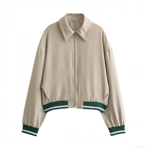 Women's Casual Polyester Woven Lapel Zipper Jacket Long Sleeve Khaki Outerwear With Striped Ribbed Cuffs And Hem Fashion Streetwear Coat For Women Adult