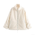 Women's Casual Sherpa Fleece Jacket Warm Solid Color Full Zipper Mock Neck Outerwear With Pockets 100% Polyester Cream White Winter Autumn Coat