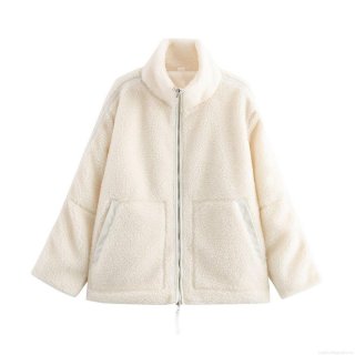 Women's Casual Sherpa Fleece Jacket Warm Solid Color Full Zipper Mock Neck Outerwear With Pockets 100% Polyester Cream White Winter Autumn Coat
