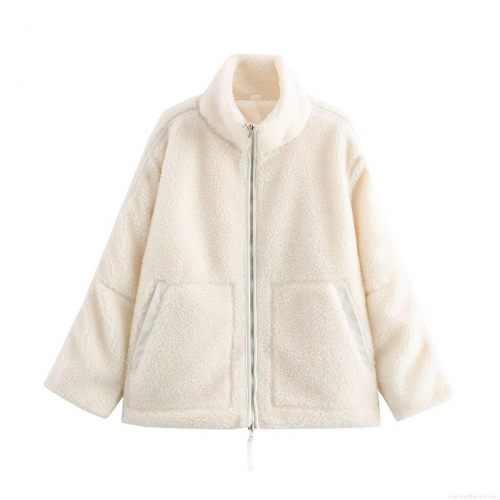 Women's Casual Sherpa Fleece Jacket Warm Solid Color Full Zipper Mock Neck Outerwear With Pockets 100% Polyester Cream White Winter Autumn Coat