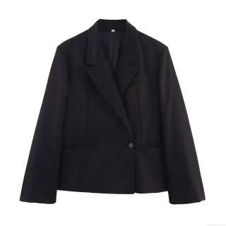 Women's Loose Casual Black Blazer Double Breasted Woven Jacket Spring Autumn Elegant Commuter Short Suit Coat for Office Lady