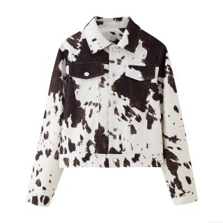 Women's Fashion Cow Print Jacket Long Sleeve Lapel Short Coat Casual Animal Pattern Outerwear With Metal Buttons Pockets For Daily Streetwear