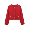 Women's Elegant Red Tweed Jacket Vintage Round Neck Single Breasted Coat With Gold Metal Buttons For Daily Party Office Outerwear