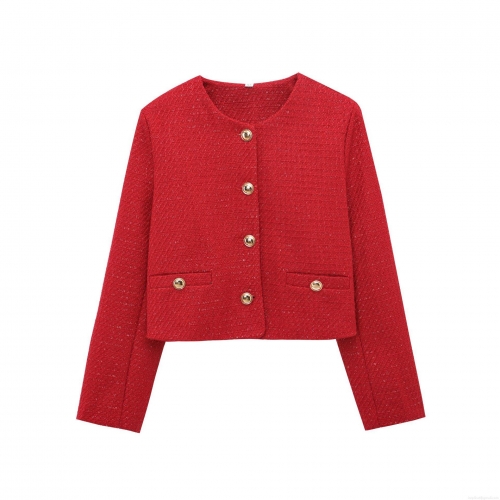Women's Elegant Red Tweed Jacket Vintage Round Neck Single Breasted Coat With Gold Metal Buttons For Daily Party Office Outerwear