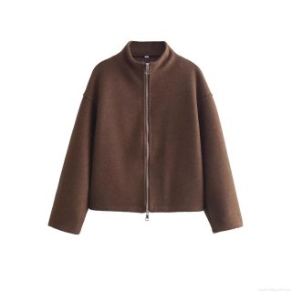 Women's Solid Coffee Brown Woolen-Like Jacket Stand Collar Double Zipper Casual Loose Fit Long Sleeve Outerwear Coat For Women Spring Autumn