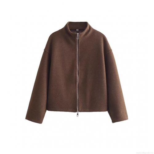 Women's Solid Coffee Brown Woolen-Like Jacket Stand Collar Double Zipper Casual Loose Fit Long Sleeve Outerwear Coat For Women Spring Autumn