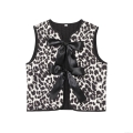 Women's Leopard Print Quilted Vest With Black Satin Bow Vintage Sleeveless Jacket Casual Fashion Streetwear Outerwear For Women