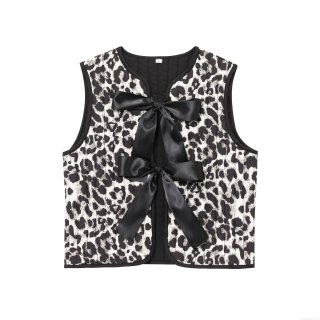 Women's Leopard Print Quilted Vest With Black Satin Bow Vintage Sleeveless Jacket Casual Fashion Streetwear Outerwear For Women