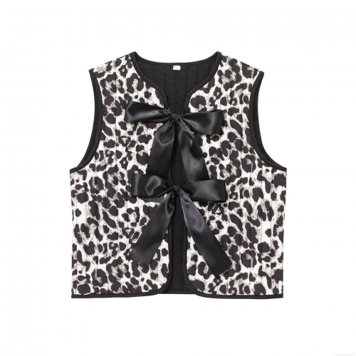Women's Leopard Print Quilted Vest With Black Satin Bow Vintage Sleeveless Jacket Casual Fashion Streetwear Outerwear For Women