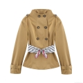 Women's Double Breasted Short Trench Coat Jacket With Striped Scarf Belt Elegant Khaki Windproof Outwear For Office Lady Daily Wear