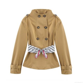 Women's Double Breasted Short Trench Coat Jacket With Striped Scarf Belt Elegant Khaki Windproof Outwear For Office Lady Daily Wear
