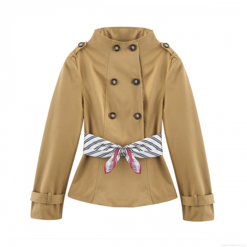 Women's Double Breasted Short Trench Coat Jacket With Striped Scarf Belt Elegant Khaki Windproof Outwear For Office Lady Daily Wear