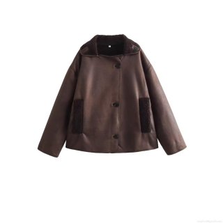 Women's Vintage Faux Shearling Suede Jacket Solid Color Button Up Lapel Winter Warm Coat Outwear For Women