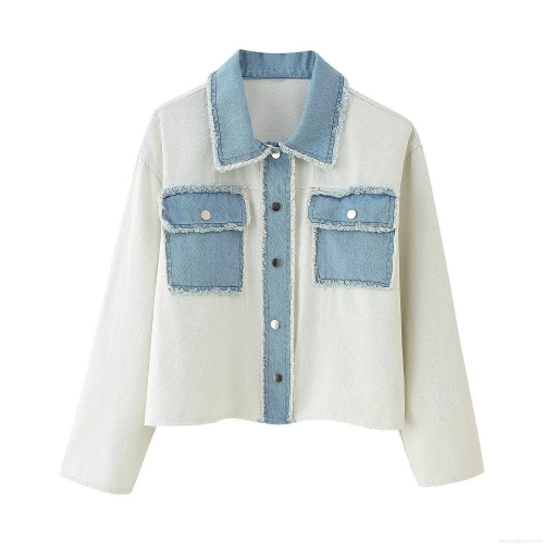 Women's Contrast Color Spliced Denim Jacket Fashion Raw Hem Lapel Long Sleeve Cropped Outwear Street Style Cotton Polyester Blend Button Down Casual Coat