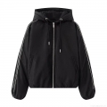 Women's Casual Hooded Padded Jacket Polyester Cotton Blend Bomber Coat With Side Stripes Zipper Closure Warm Long Sleeve Outerwear For Autumn Winter