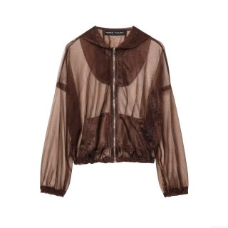 Women Fashion Sheer Organza Hooded Jacket Coffee Brown Transparent Mesh Zipper Short Outerwear Lightweight Breathable Windbreaker For Casual Party Streetwear