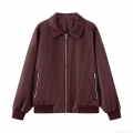 Women's Retro Pleated Synthetic Leather Jacket Casual Loose Fit Zip Up Lapel Outerwear Wine Red Coat With Ribbed Cuffs