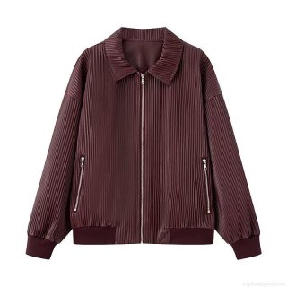 Women's Retro Pleated Synthetic Leather Jacket Casual Loose Fit Zip Up Lapel Outerwear Wine Red Coat With Ribbed Cuffs