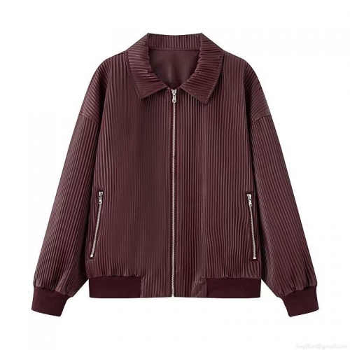 Women's Retro Pleated Synthetic Leather Jacket Casual Loose Fit Zip Up Lapel Outerwear Wine Red Coat With Ribbed Cuffs