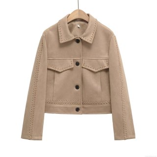 Women's Faux Suede Short Jacket Vintage Khaki Lapel Button Down Coat With Woven Stitching Detail Casual Outerwear For Autumn Winter