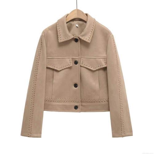 Women's Faux Suede Short Jacket Vintage Khaki Lapel Button Down Coat With Woven Stitching Detail Casual Outerwear For Autumn Winter