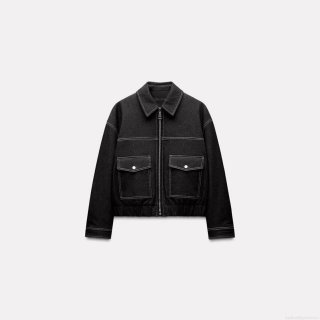 Women's Casual Loose Denim Jacket With White Contrast Stitching Pocket Zipper Workwear Style Black Cotton Blend Outerwear For Daily Streetwear Fall Spring